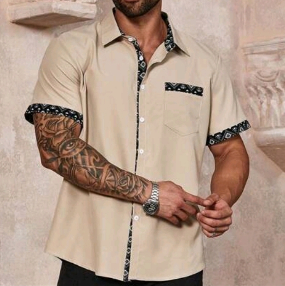 NWOT Manfinity Button Down Loose S/S Shirt w/ Geometric Print, 1X, Khaki… - Picture 5 of 6